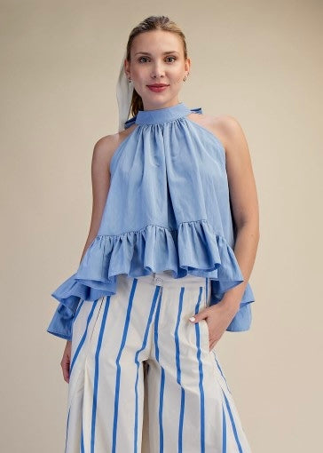 Kacey Light Blue Halter Ruffle Top