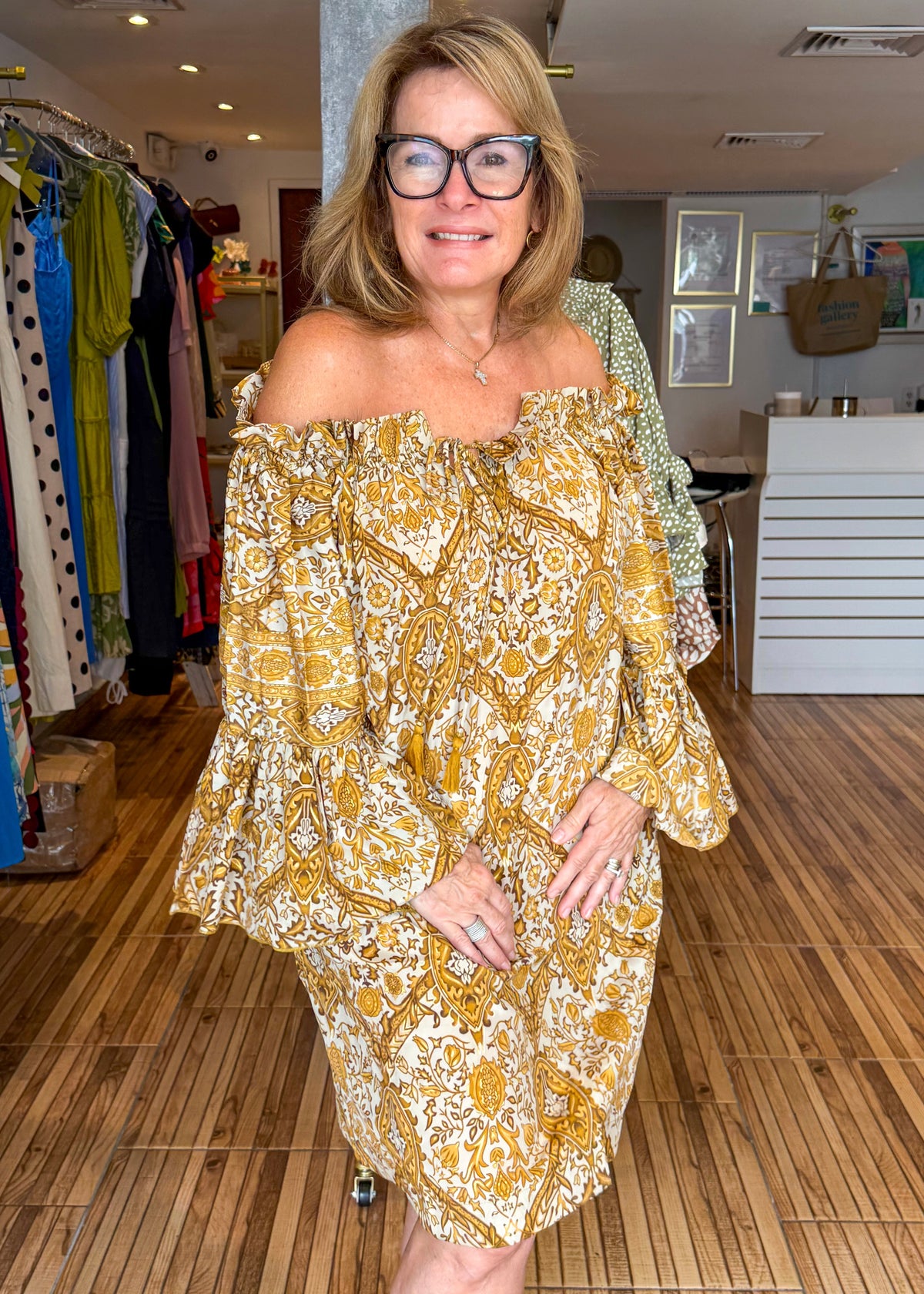 Monica Yellow & Beige Print Off the Shoulder Short Dress