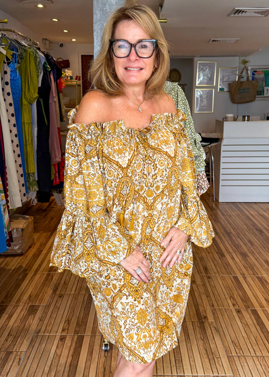 Monica Yellow & Beige Print Off the Shoulder Short Dress