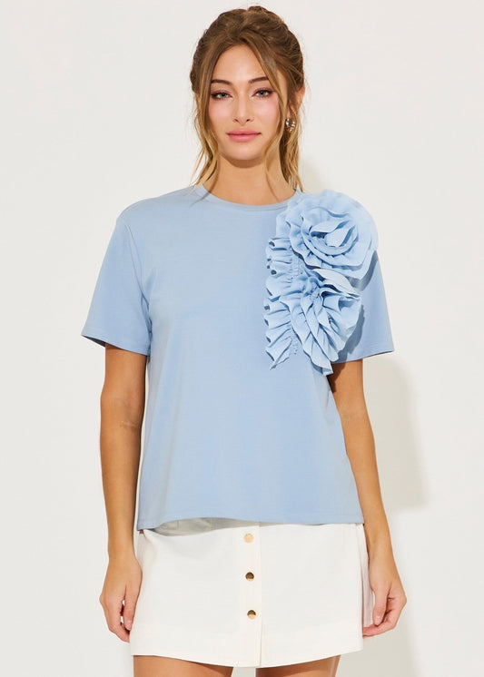 Light blue bright bloom big flower short sleeve top.