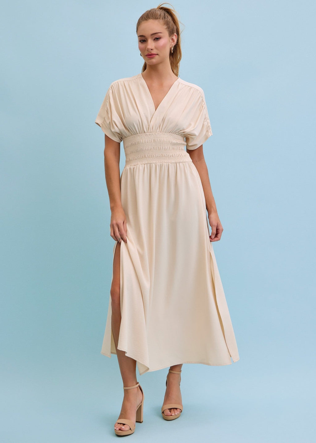 Champagne opaline wide smocked waist maxi dress.