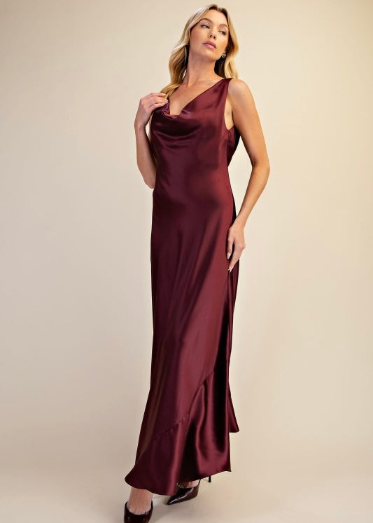 Veronica Burgundy Cowl Neck Maxi Dress