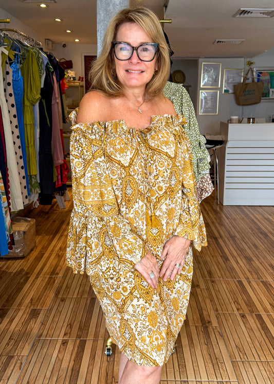 Monica Yellow & Beige Print Off the Shoulder Short Dress
