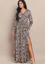 Load image into Gallery viewer, Animal print surplice front long sleeve shirred waist maxi dress.
