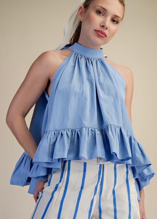 Kacey Light Blue Halter Ruffle Top