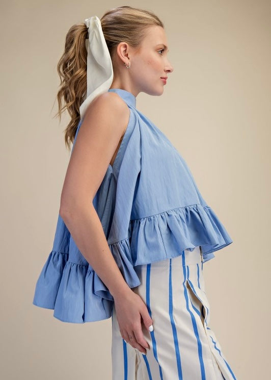Kacey Light Blue Halter Ruffle Top