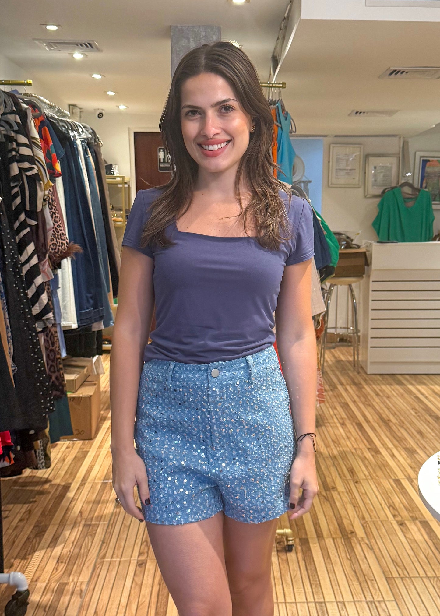Serena Blue Denim Sequin Shorts