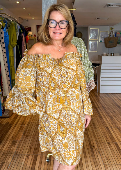 Monica Yellow & Beige Print Off the Shoulder Short Dress