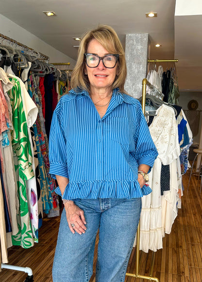 Bella Blue Striped Button Up Top