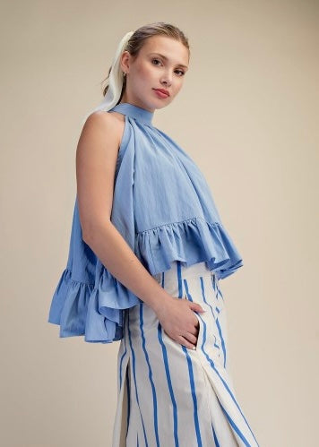 Kacey Light Blue Halter Ruffle Top