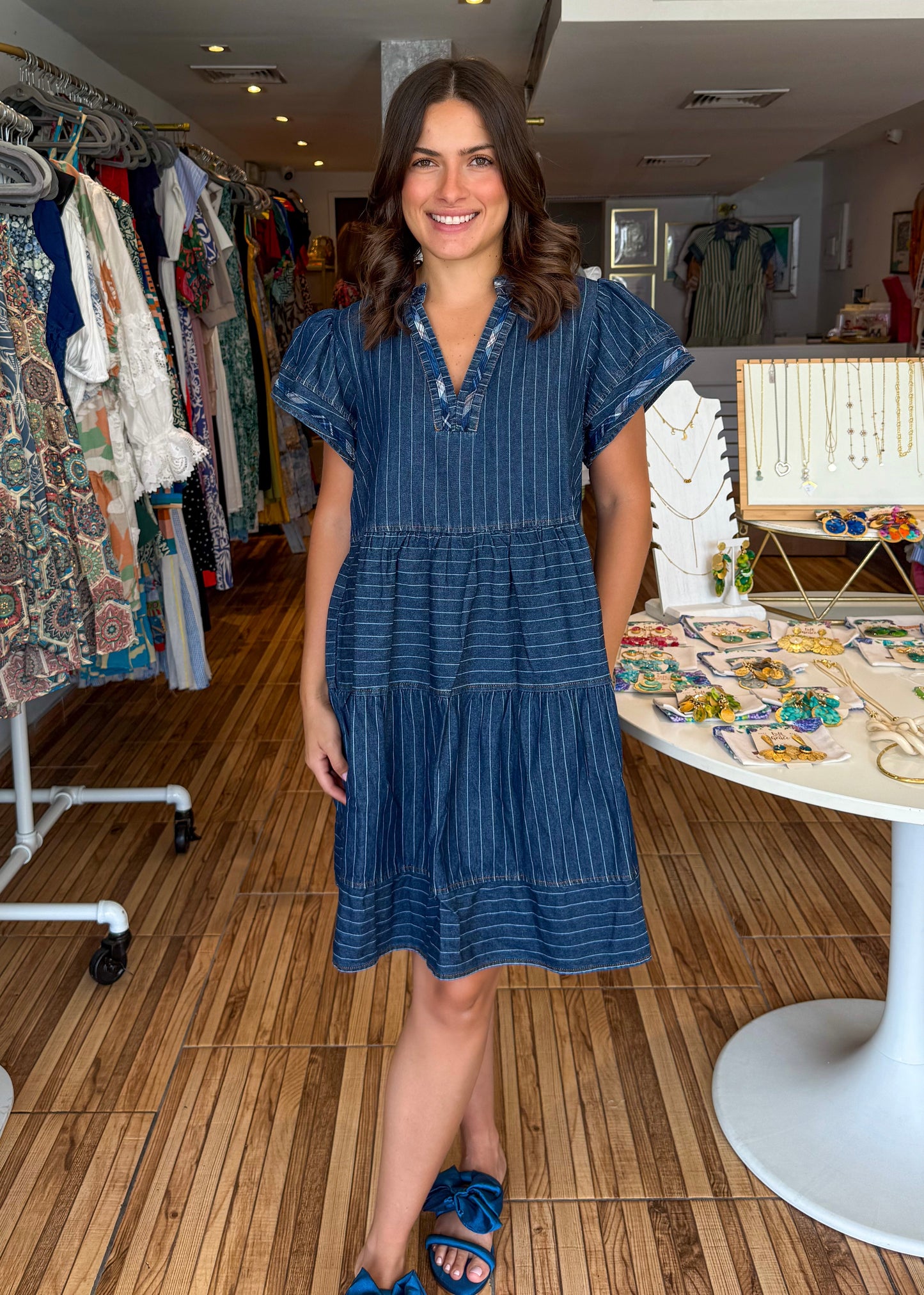 Stella Dark Denim Striped Short Dress