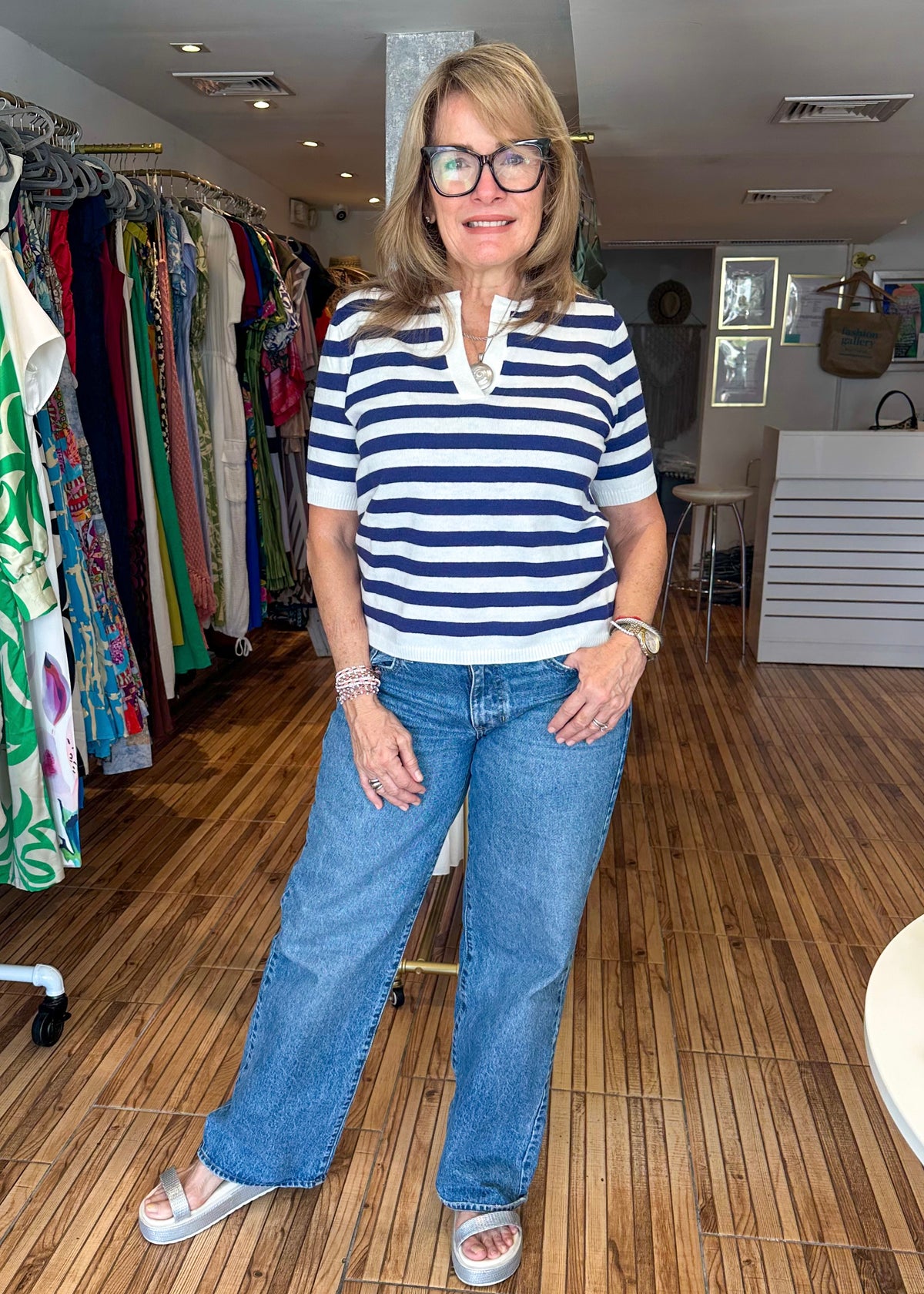 Monica White & Navy Striped Top