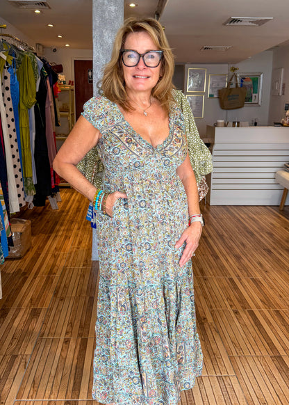 Kim Blue & Pink Flower Print Tiered Maxi Dress
