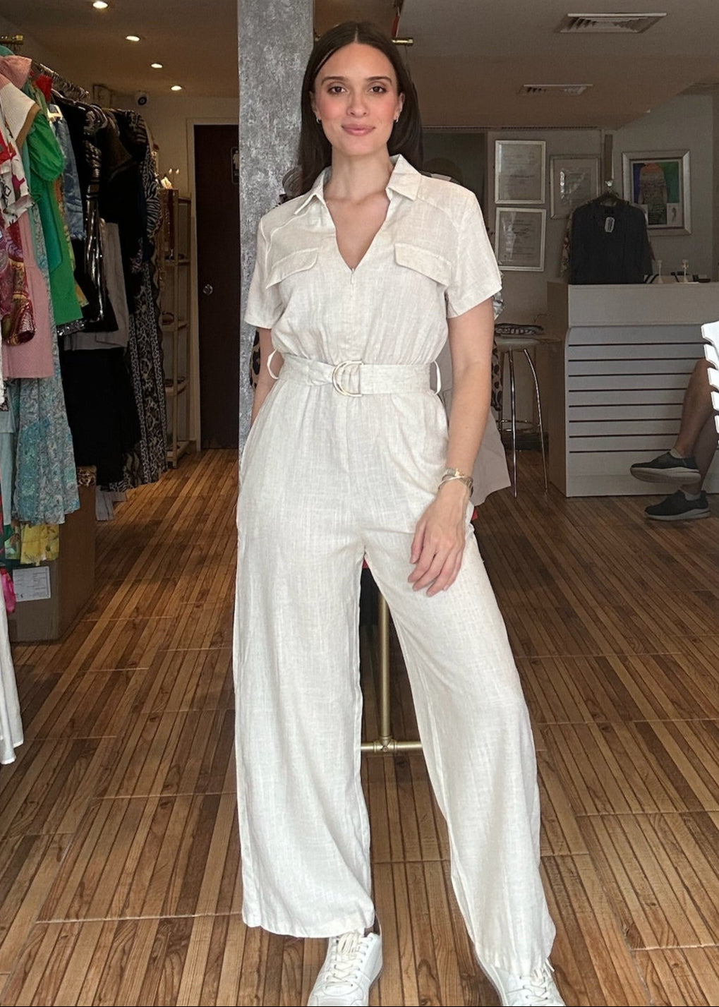 Oatmeal short sleeve zipper belted jumpsuit.