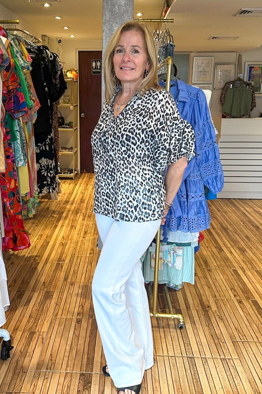 Short ruffle sleeve animal print top