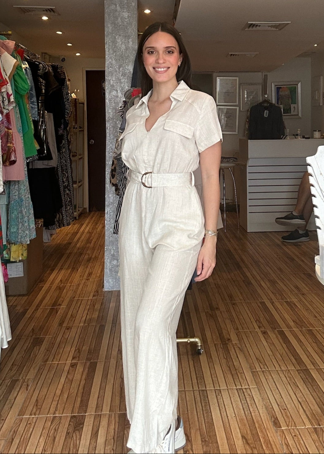 Oatmeal short sleeve zipper belted jumpsuit.