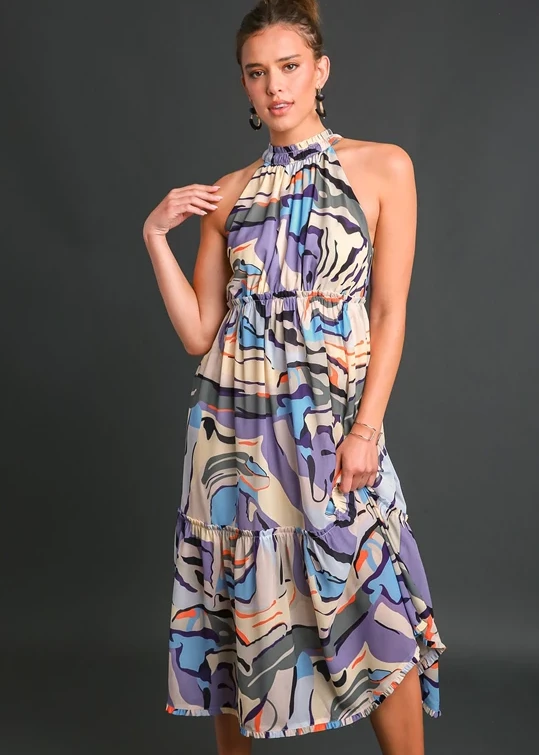 Lilac mix abstract print halter neck midi dress with ruffle trim details.