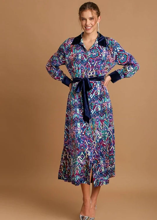 Sapphire mix aztec printed collared button down midi dress with solid velvet contrast detail.
