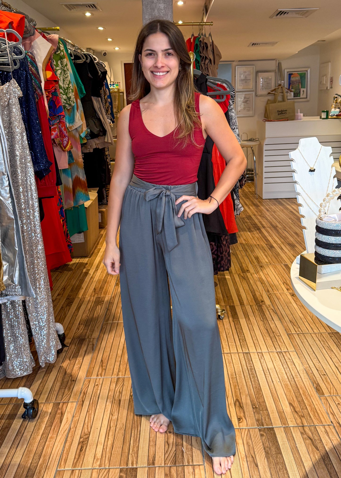 Washed silk tie waist wide leg palazzo pants.