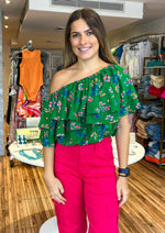 Load image into Gallery viewer, Color your world with multi color floral clusters that make up the Ivana print. It shapes the evergreen, Charmer top. A single shoulder with a double ruffle layer that overlays a voluminous cropped bodice. Style it with trouser shorts and loafers for a completed look.
