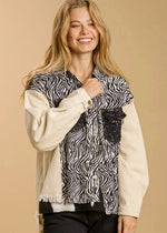 Load image into Gallery viewer, Animal print and sequin details jacket with chest pockets and fringe high low scoop.
