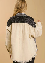 Load image into Gallery viewer, Animal print and sequin details jacket with chest pockets and fringe high low scoop.
