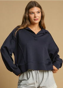 Matching two piece set. Luxeknit material loose fit polo style sweatshirt. Wide waistband for fit and comfort. Cuffed ankles. Pockets. 
