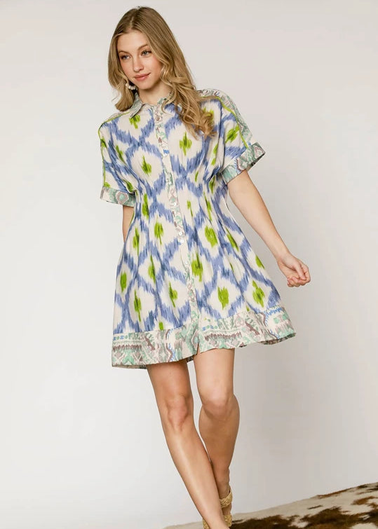 Blue mix print a-line button down short dress.&nbsp;