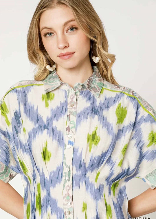 Blue mix print a-line button down short dress.&nbsp;