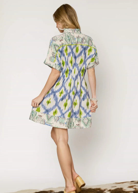 Blue mix print a-line button down short dress.