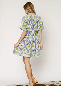 Blue mix print a-line button down short dress.