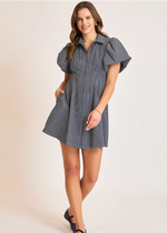 Load image into Gallery viewer, Navy and white stripped collared shirt dress. Bubble sleeves. Hem waist pleated. Has pockets.
