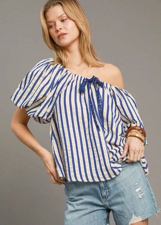 Royal blue striped print shirred detail top.