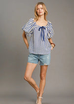 Load image into Gallery viewer, Royal blue striped print shirred detail top.
