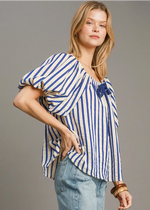 Load image into Gallery viewer, Royal blue striped print shirred detail top.
