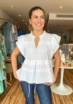 Load image into Gallery viewer, White short sleeve tiered top with ruffle sleeves.
