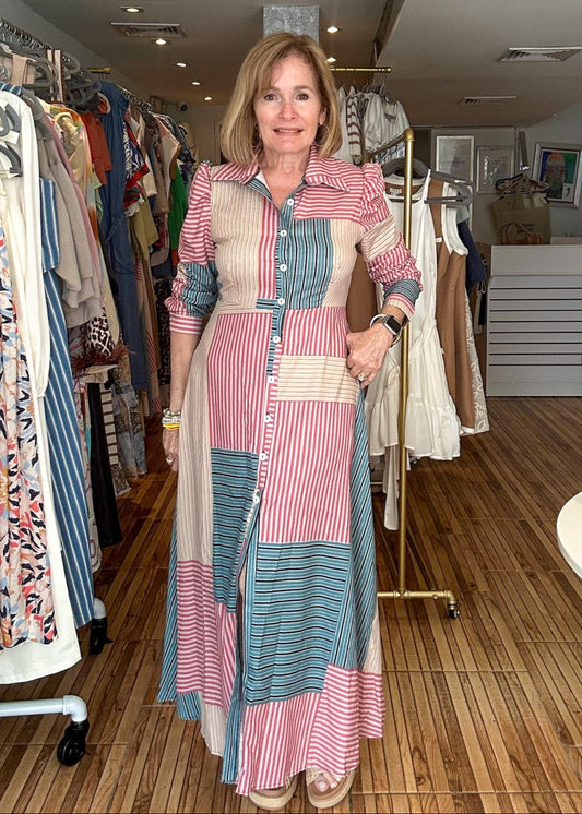 Colorblock mixed stripe button up maxi dress.