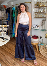 Load image into Gallery viewer, Champagne satin sleeveless shirred halter top.
