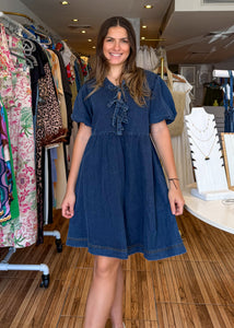 Dark denim front tie denim babydoll short dress.&nbsp;