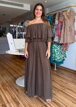 Load image into Gallery viewer, Two piece set. Off the shoulder short sleeve top with matching high waisted loose pants with elastic waistband.
