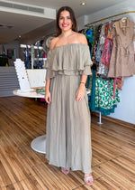 Load image into Gallery viewer, Two piece set. Off the shoulder short sleeve top with matching high waisted loose pants with elastic waistband.
