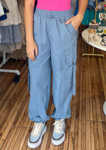 Load image into Gallery viewer, Chambray high waisted elastic waist band cargo pants with side pockets.
