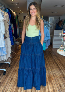 High waisted tiered denim maxi skirt with pockets.
