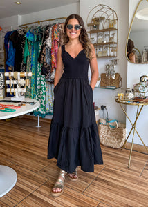 Black tank maxi dress with pockets and ribbed top.