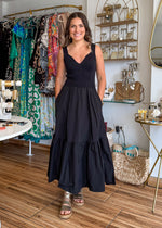 Load image into Gallery viewer, Black tank maxi dress with pockets and ribbed top.
