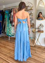Load image into Gallery viewer, Blue lilac striped smocked strapless maxi dress.
