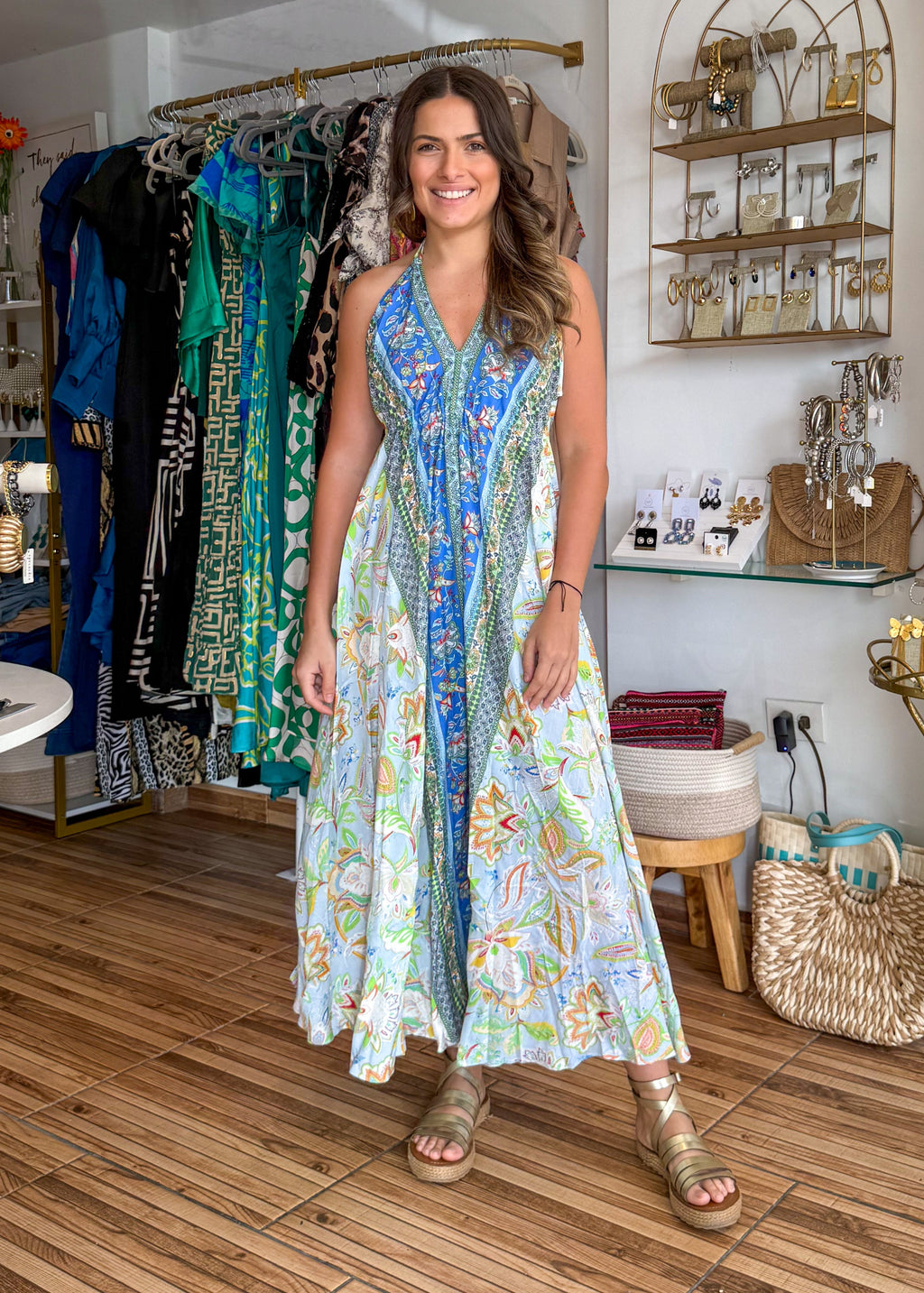 Aqua/mint/lime/ivory mock neck sleeveless halter tie maxi dress.