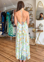 Load image into Gallery viewer, Aqua/mint/lime/ivory mock neck sleeveless halter tie maxi dress.
