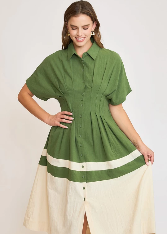 Olive color blocked midi dress with pleated details.
