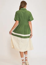 Load image into Gallery viewer, Olive color blocked midi dress with pleated details.
